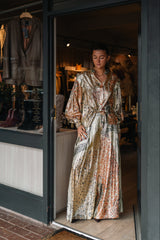 Mes Demoiselles Jump Lurex Jacquard Wide Pants, worn by model with matching blouse in the boutique doorway