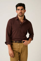 Christian Kimber Hastings Long Sleeve Polo in coffee, worn by model with tan trousers, front view