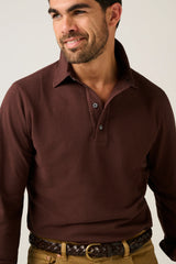 Christian Kimber Hastings Long Sleeve Polo in coffee, close view of the collar and button placket on figure