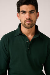 Christian Kimber Hastings Long Sleeve Polo in scarab green, close view of the collar and placket on figure