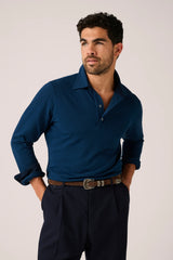 Christian Kimber Hastings Long Sleeve Polo in marine, worn by model with navy trousers, front view
