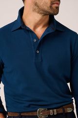 Christian Kimber Hastings Long Sleeve Polo in marine, close view of the open collar and placket on figure
