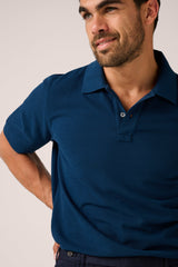 Christian Kimber Rosebud Short Sleeve Polo in navy, close view of the collar and two-button placket
