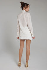 Realm Origin Lustre Shirt in monochrome stripe, on figure, back view