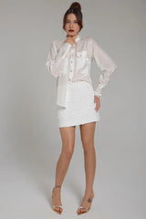 Realm Origin Lustre Shirt in monochrome stripe, on figure, front view showing the chest pockets