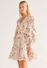 Mos The Label Alexia Mini Dress in ivory print, worn by model, three-quarter view