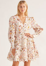Mos The Label Alexia Mini Dress in ivory print, worn by model, front view with scalloped hem