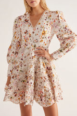 Mos The Label Alexia Mini Dress in ivory print, worn by model, close view of floral bodice and sleeves