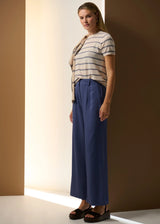 POL Sable Stripe Knit Tee in pebble and blue, on figure, three-quarter view with knit over the shoulders