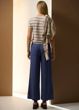 POL Sable Stripe Knit Tee in pebble and blue, on figure, back view