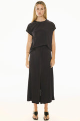 POL Rune Pant in ink, wide leg worn by model with matching tee, front view
