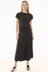 POL Rune Tee in ink, worn by model with matching wide-leg pant, front view