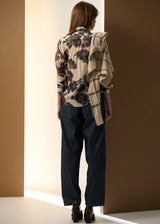 POL Amara Silk Shirt in cream with charcoal floral print, on figure, back view