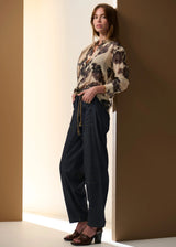 POL Amara Silk Shirt in cream with charcoal floral print, on figure, three-quarter view