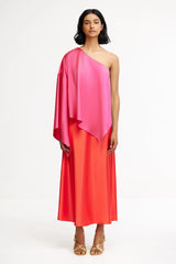 Acler Westacre Midi Dress in pink and orange, one shoulder, worn by model, front view