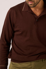 Christian Kimber Rye Long Sleeve Polo in chestnut, close detail of the tipped collar and cuff