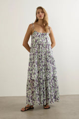 Auguste Clemence Maxi Dress in purple floral print, worn by model, full length front view