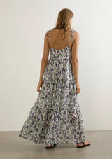 Auguste Clemence Maxi Dress in purple floral print, worn by model, full length back view