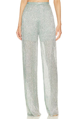 Sabina Musáyev Mark Pants in sage blue crinkle metallic, worn by model, front view
