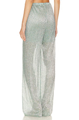 Sabina Musáyev Mark Pants in sage blue crinkle metallic, worn by model, back view
