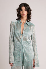 Sabina Musáyev Lital Top in sage blue metallic, collared shirt, worn by model