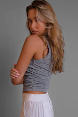 Vaenn Shirred Side Tank in marble, on figure, side view showing the shirred seam