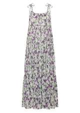 Auguste Clemence Maxi Dress in purple floral print, flat front view, studio shot