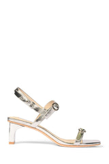 Zoe Kratzmann Content Heel in platinum metallic leather, side view of block heel
