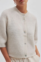 Second Female Andrea Knit Rib Cardigan in pumice stone, close view of rib knit and buttons