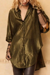 Khaki bronze Light shirt buttoned, showing the metallic sheen of the lurex viscose