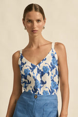 Zoe Kratzmann Memo Top in azure bouquet print, V neck cami, worn by model, front view
