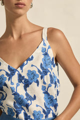 Zoe Kratzmann Memo Top in azure bouquet print, close view of neckline and print