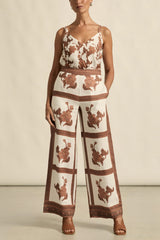 Zoe Kratzmann Memo Top in coffee bouquet print, worn by model with matching pants, full length