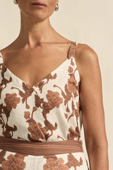 Zoe Kratzmann Memo Top in coffee bouquet print, close view of neckline and print