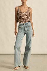 Zoe Kratzmann Memo Top in ocelot print, worn by model with light jeans, full length