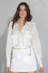 Realm Origin Lustre Shirt in monochrome stripe, white sheer stripe worn by model with a chain belt, close view
