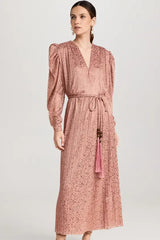 Sabina Musáyev Marble Dress, long sleeve maxi with tie belt, worn by model, front view