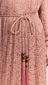 Sabina Musáyev Marble Dress, close view of speckled plissé and tassel ends
