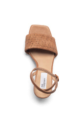 Zoe Kratzmann Stint Heel in canyon woven leather, top view of strap and footbed