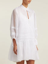 White Story Willow Organza Dress in white, worn by model, cropped front view with neck tie