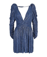 Sabina Musáyev Morgana Dress in blue plissé satin, product view with ruched sleeves