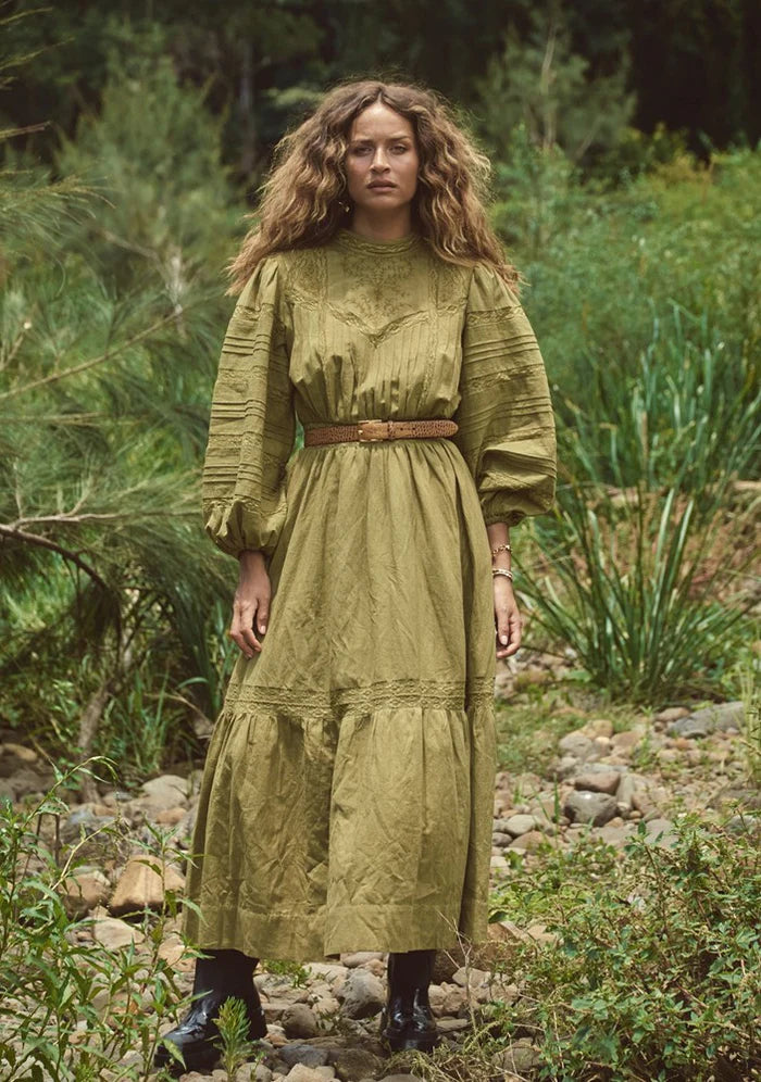 Luxury Linen Cotton Loom Maxi Dress | Olive Boho Holiday Gown Luxury Linen Cotton Loom Maxi Dress | Olive Boho Holiday Gown
