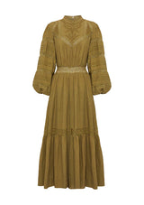 Mos The Label Loom Maxi Dress in olive, product shot showing smocked yoke and tiered skirt