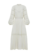 Mos The Label Loom Maxi Dress in unbleached cotton, product shot showing lace trims and tiered skirt