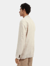 Scotch & Soda Pinstripe Linen Blazer in sand and white stripe, on figure, side view