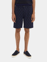 Scotch & Soda Stuart Twill Chino Short in navy with small all-over print, worn by model, front view
