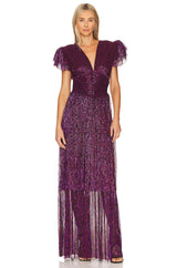 Sabina Musáyev Sarah Dress, metallic plissé maxi with flutter sleeves, worn by model, front view