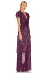 Sabina Musáyev Sarah Dress, metallic plissé maxi, worn by model, side view