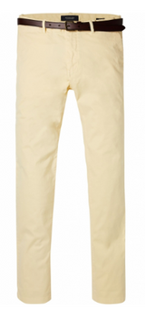 Scotch & Soda Stuart Slim Fit Chino in yellow, flat product shot with brown belt