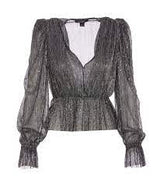 Sabina Musáyev Liya Top in black metallic, V neck with blouson sleeves, product view